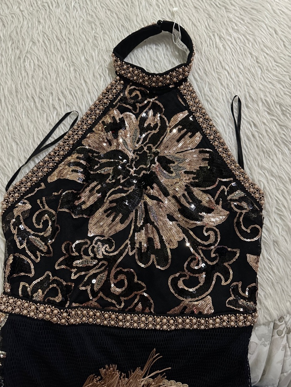 12th Tribe Black and Gold Embellished Halter Fringe Dress - Picture 4 of 10